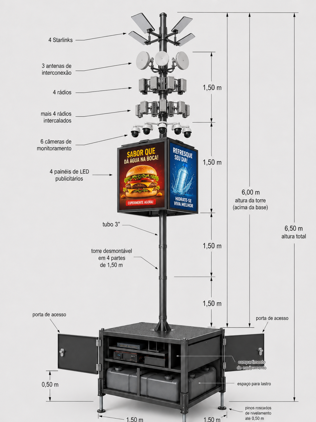 Torre towerNET: 4 Starlinks, rádios de interconexão, câmeras de monitoramento e painéis de LED publicitários — desmontável em 4 partes, 6 m de altura
